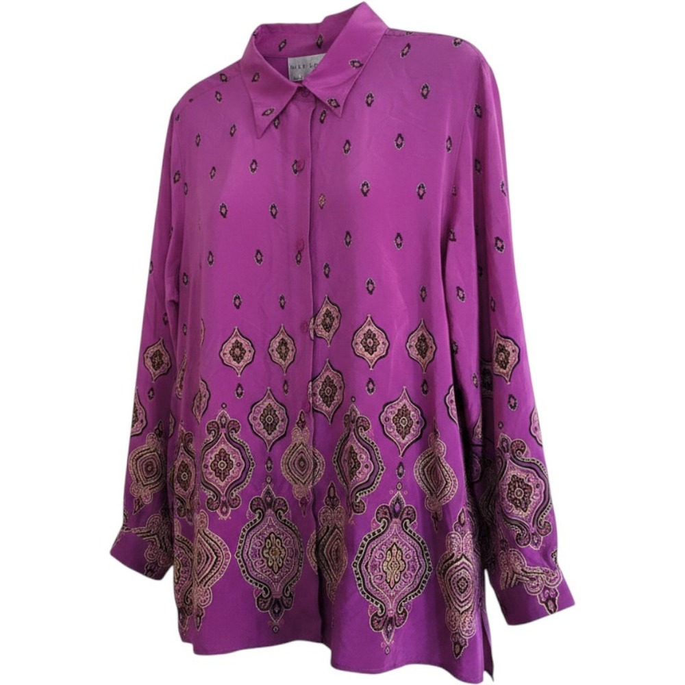 Lg Silk Lore Beth Terrell Magenta‎ Medallion Button Blouse Boho Lagenlook
